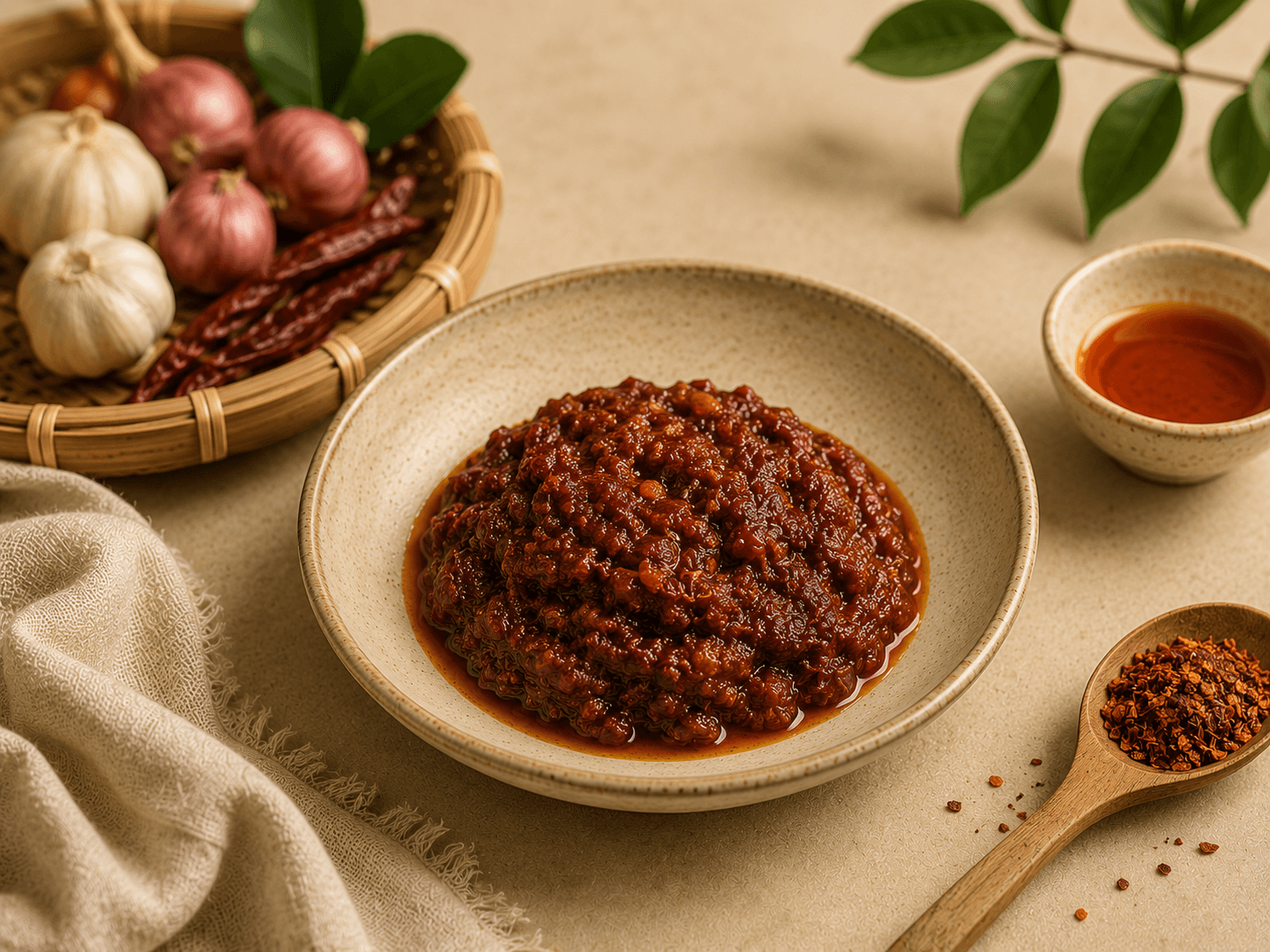Red curry paste in a bowl with aromatics