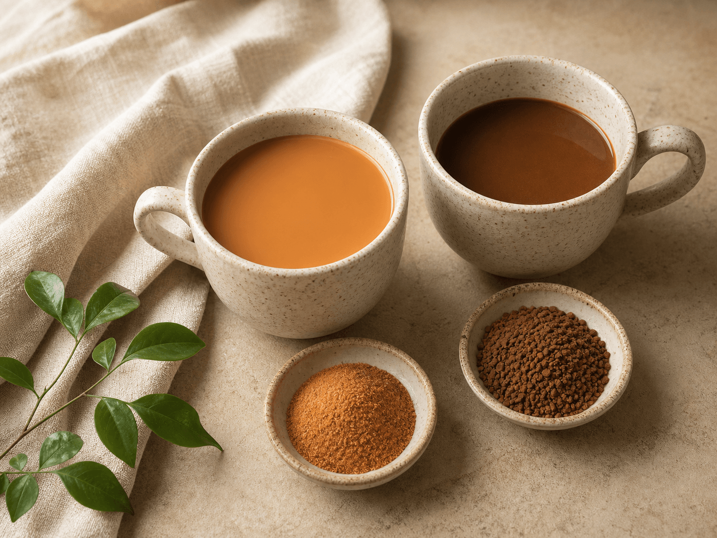 Burmese tea and coffee mixes beside two ceramic cups