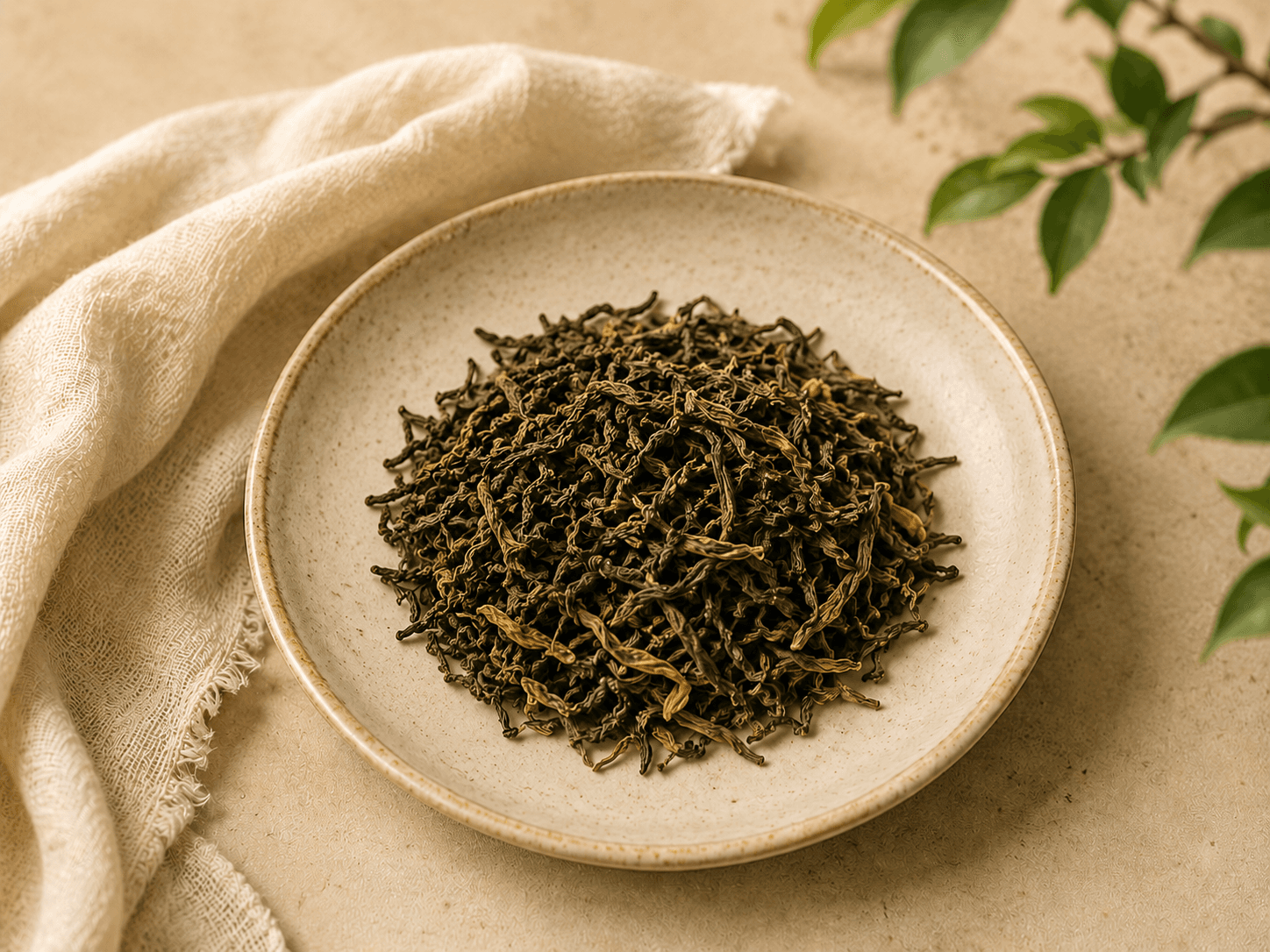 Tea leaves arranged on a warm ceramic dish